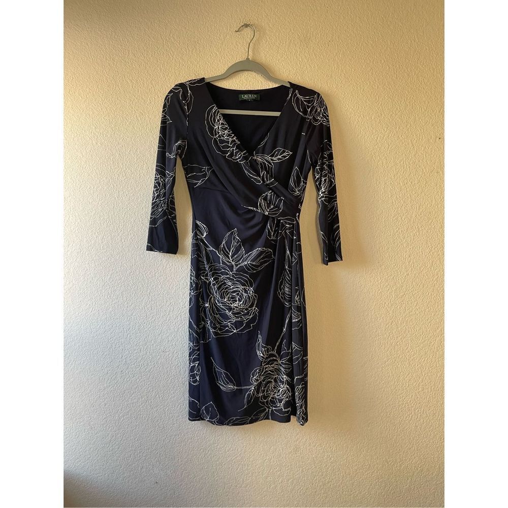Lauren Ralph Lauren navy white floral faux wrap mini dress size‎ 2